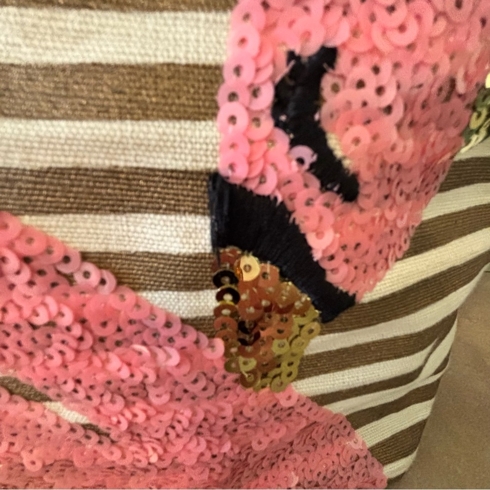 Mud Pie Signature Pink Sequin Flamingo Stripe small Tote Bag - Picture 3 of 7